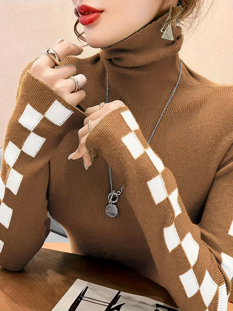 Women's ivory turtleneck sweater with bold checkerboard sleeves, cotton-blend ultra-soft knit