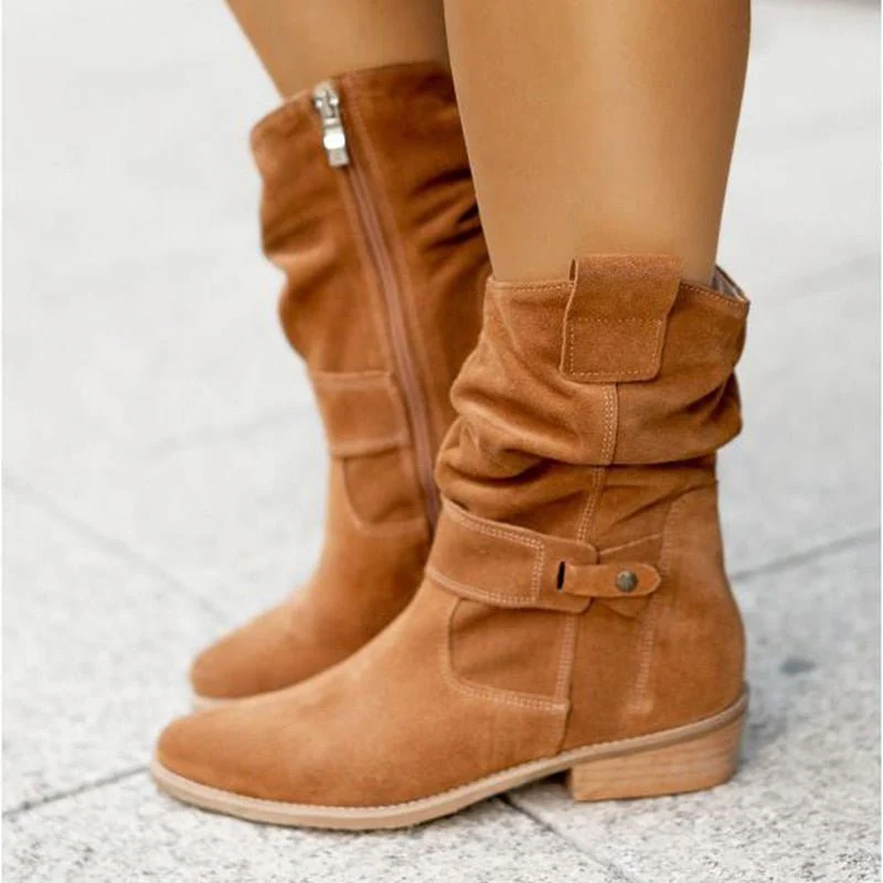 Women's brown mid-calf winter boots with relaxed silhouette and chic everyday casual style