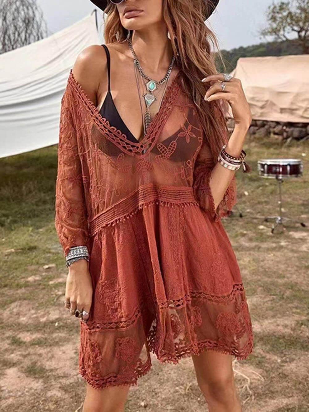 White sheer lace loose-fit bikini cover-up dress lightweight vacation beach style