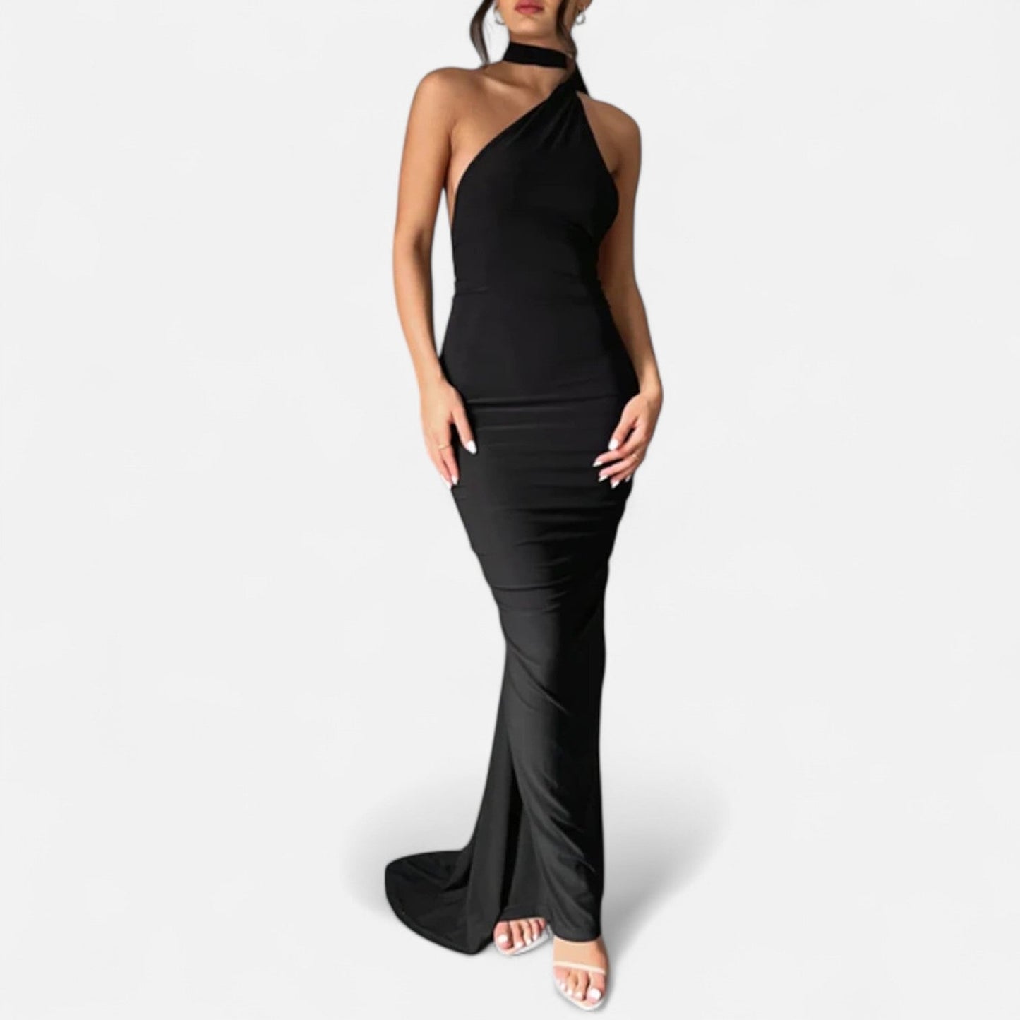 Black scarf-tier evening maxi dress with figure-flattering fit and elegant artistic scarf detail