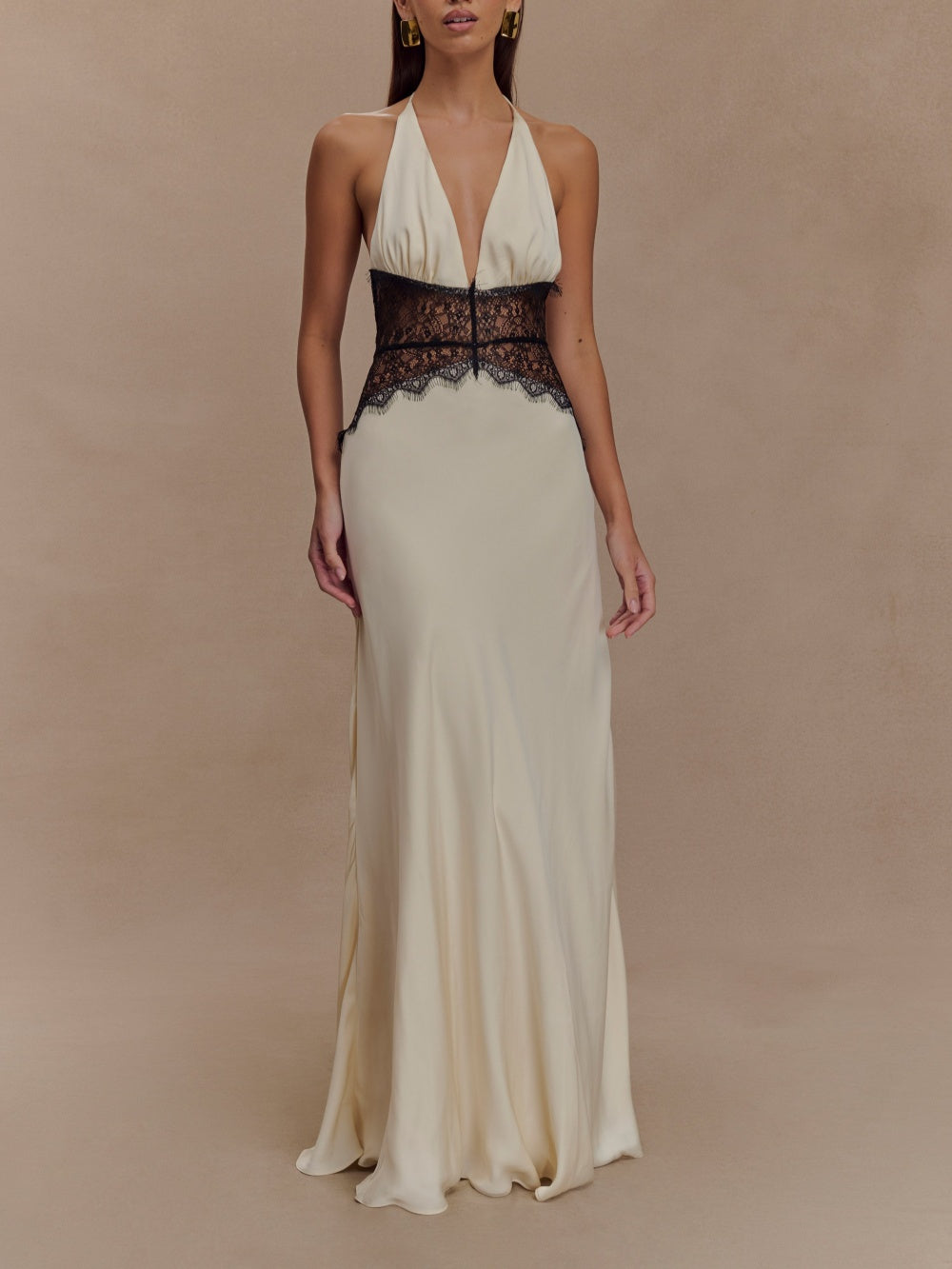 Ivory silk satin halter maxi dress with deep V neckline and romantic lace bodice for evening