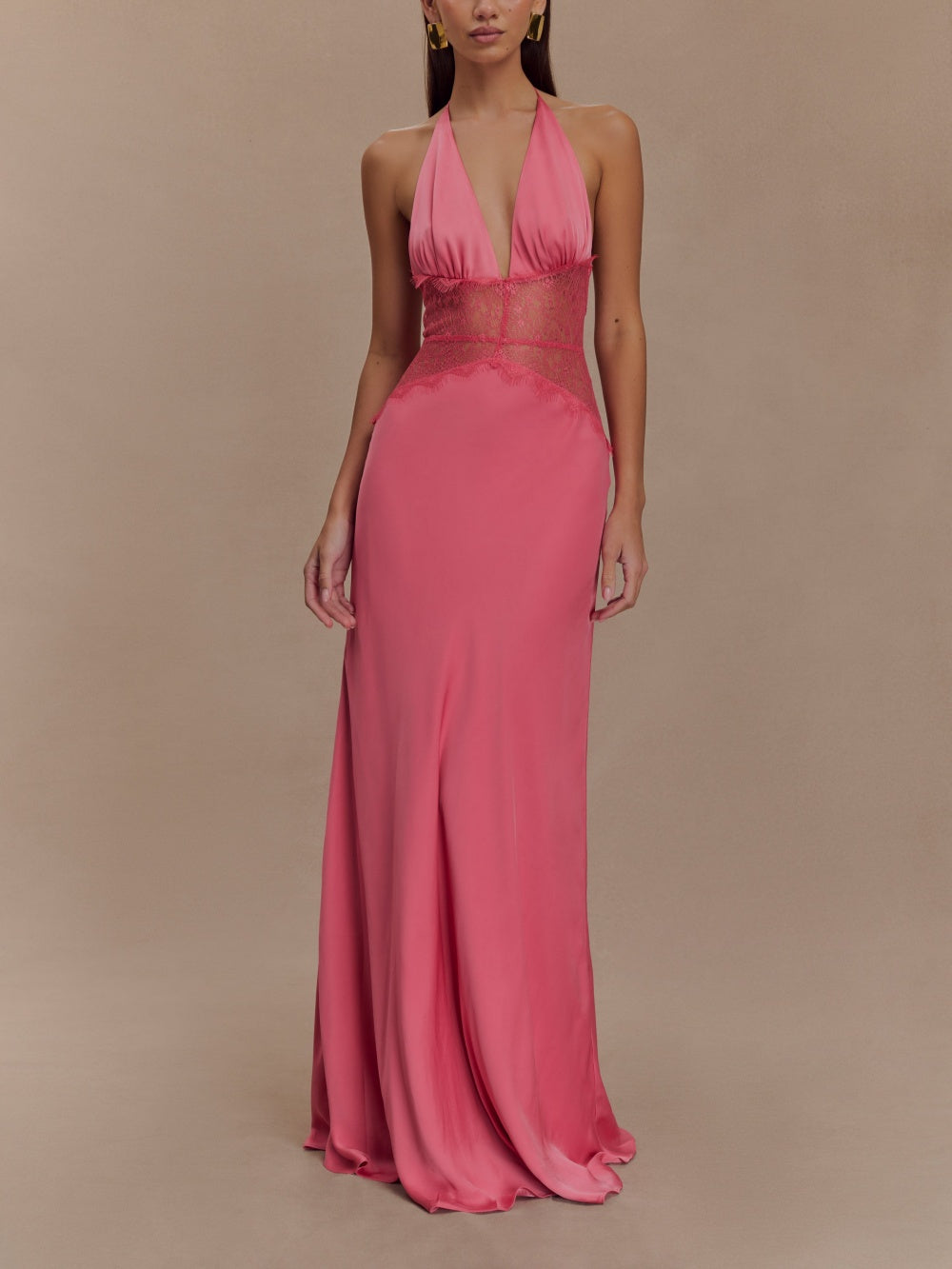 Ivory silk satin halter maxi dress with deep V-neck and romantic lace bodice for evening wear