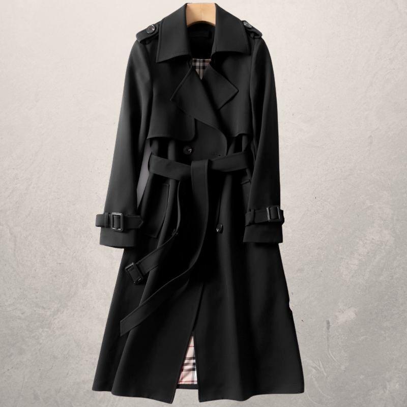 Women's elegant double-breasted wrap coat with adjustable belt, soft warm fabric, polished silhouette