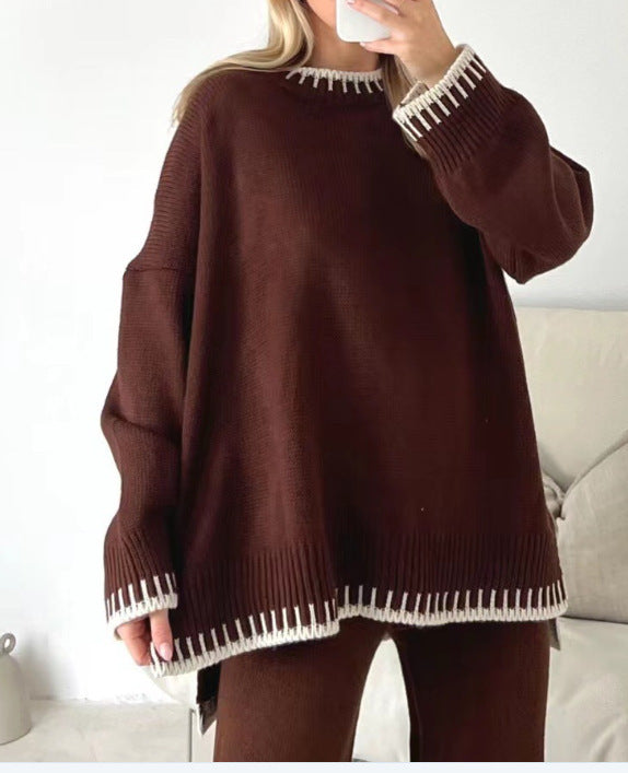 Women's knit two-piece sweater and pants set loose fit cozy lounge style coordinated outfit