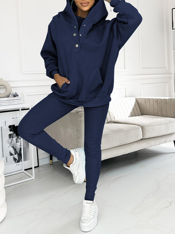 Gray unisex three-piece sweatshirt loungewear set with vest, long-sleeve top, and pants cozy fit