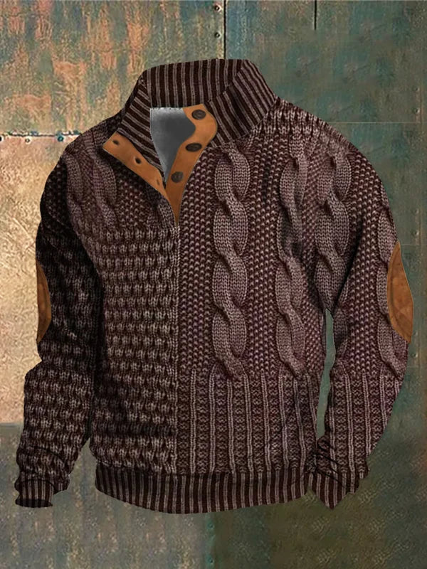 Men's winter knit sweater with button collar, elbow patches, and ribbed texture for cold-weather style