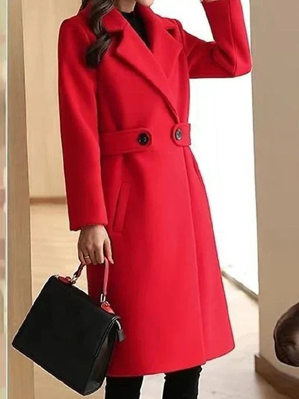 Women's slim fit wool winter coat with waist belt, elegant structured silhouette for cold days