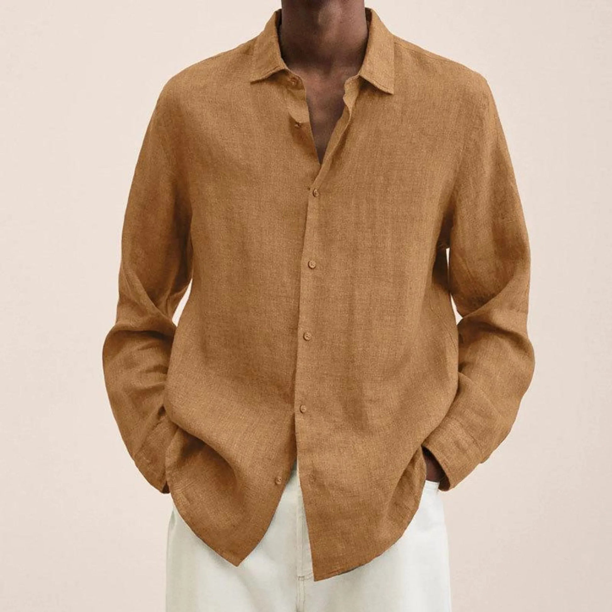 Men lightweight linen shirt classic fit long-sleeve breathable design for casual or formal occasions