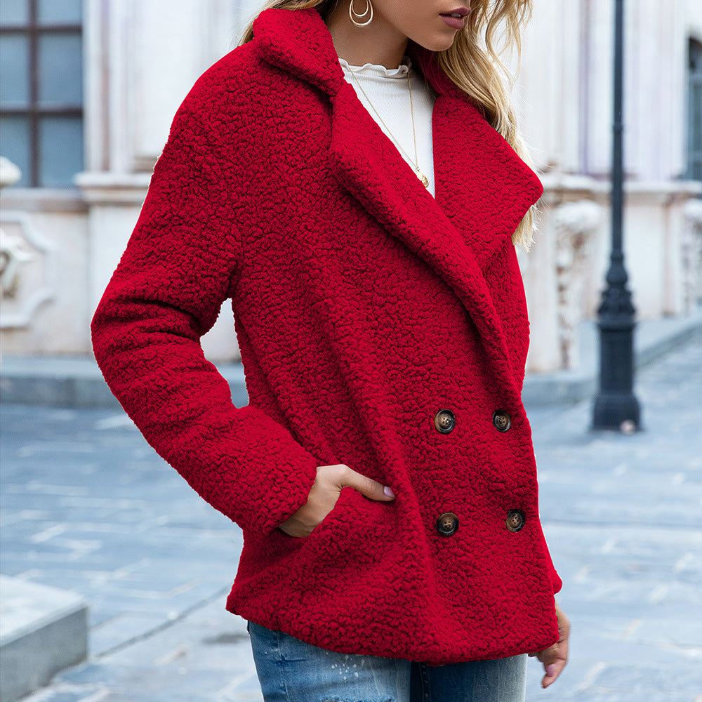 Women's fluffy plush winter coat button-front wide collar relaxed fit cozy everyday style
