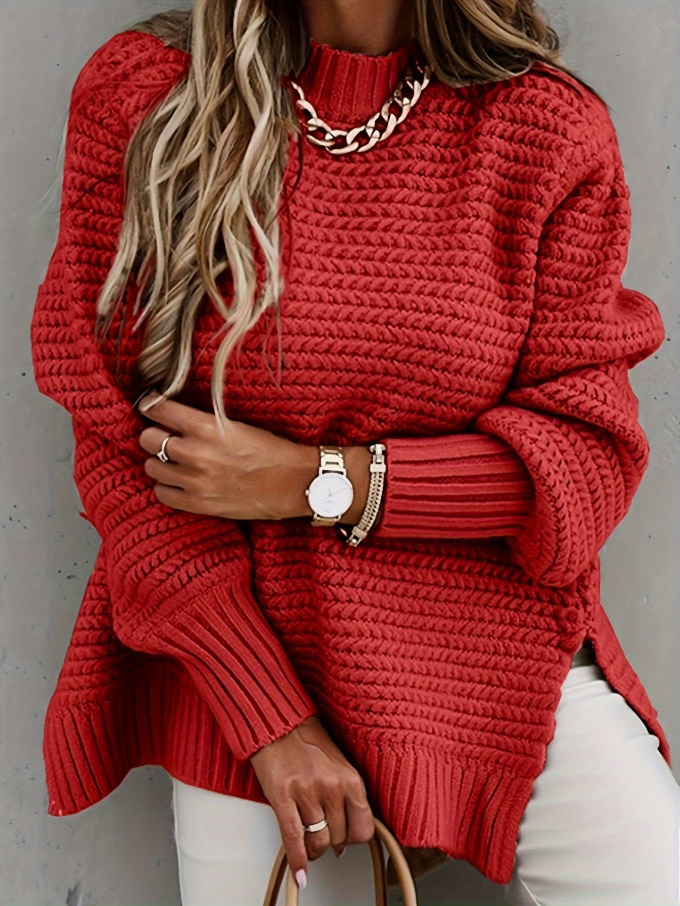 Women's chunky knit pullover oversized fit textured weave cozy cotton sweater relaxed silhouette