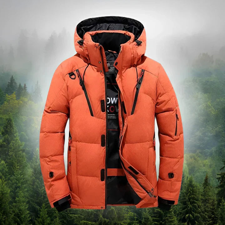 Men's navy Arctic Shield down parka removable hood cold weather insulated rugged winter coat