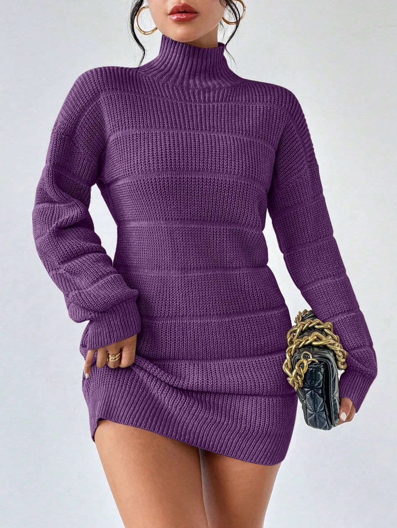 Women's ribbed-knit turtleneck mini dress with bold rib texture and structured sculpted silhouette
