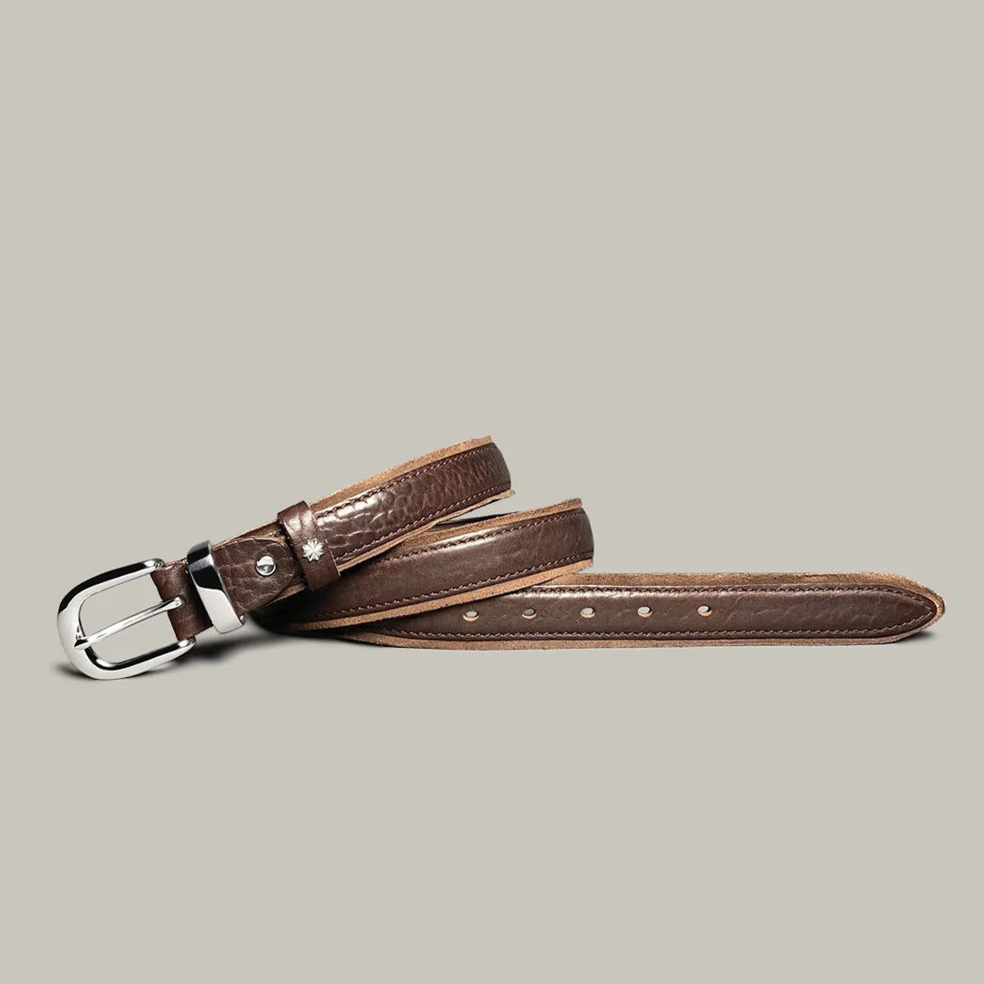 Men's genuine vegetable-tanned cowhide leather belt with brushed buckle and star-embossed keeper