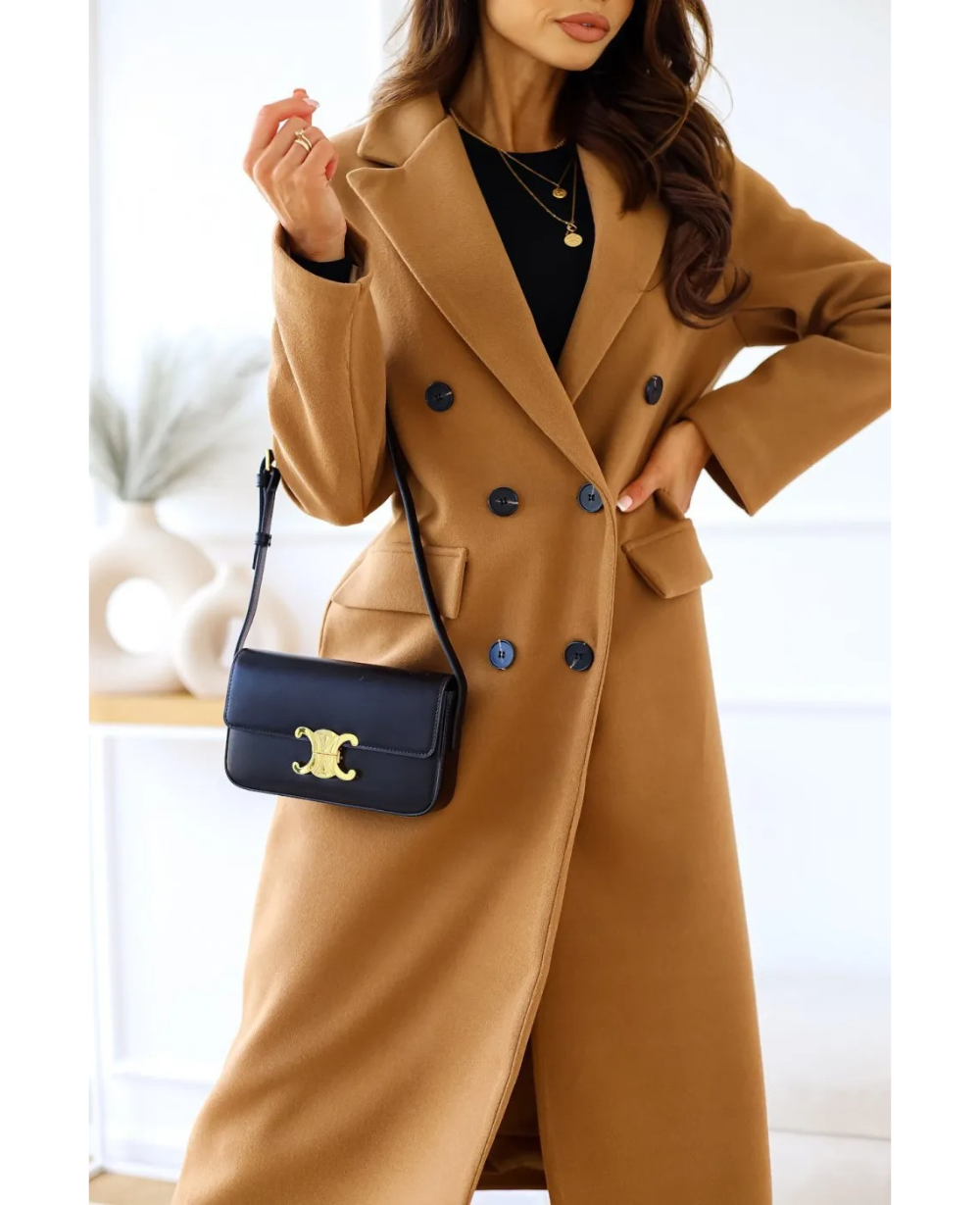 Women's fitted double-breasted trench coat tailored silhouette notched lapel cozy autumn winter layer