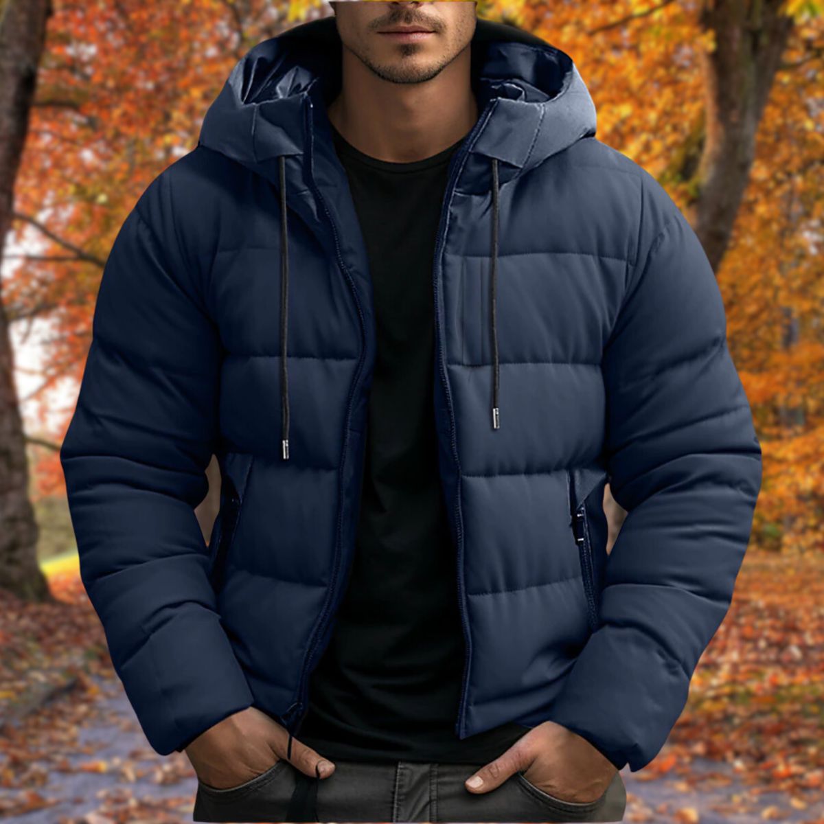 Men's black quilted puffer jacket structured fit hooded full-zip lightweight cold weather