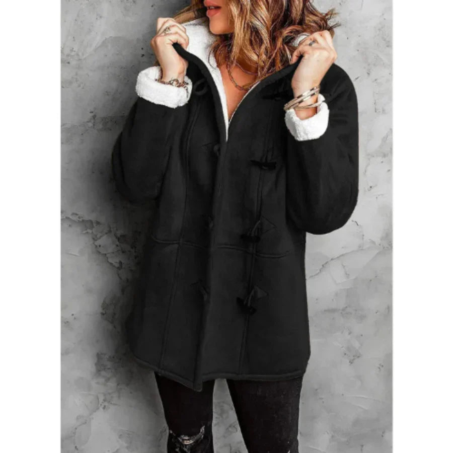 Women's mid-length fleece-lined relaxed fit jacket with hood and toggle closure
