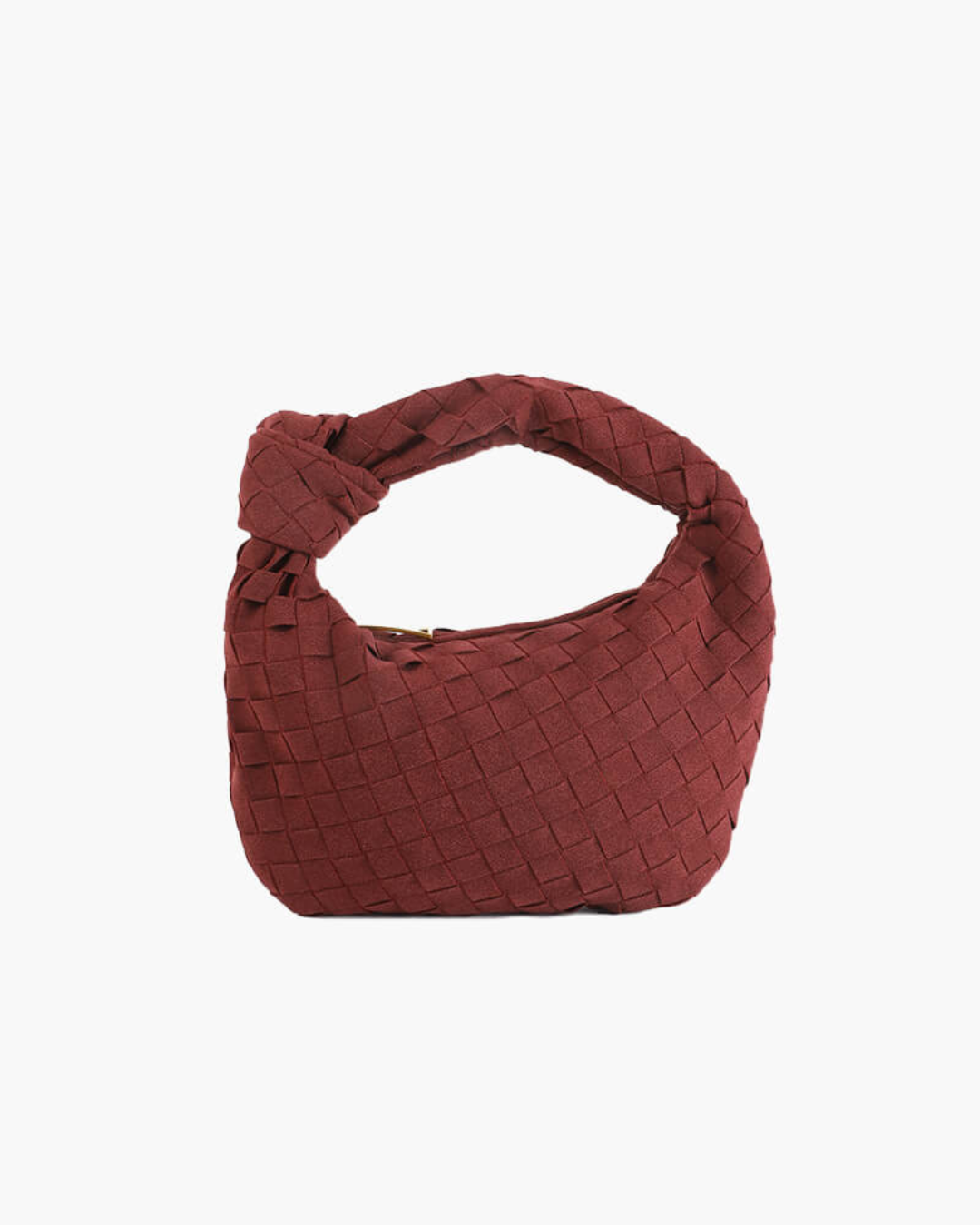 Verona tan suede mini bag woven knot handle sculptural silhouette minimalist crossbody