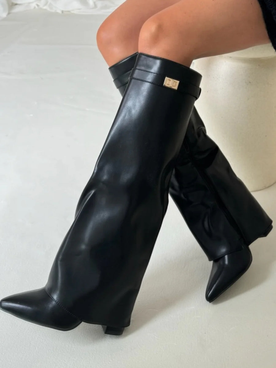 Women's slouchy pointed toe thigh-high boots with fold-over shaft elegant chic design