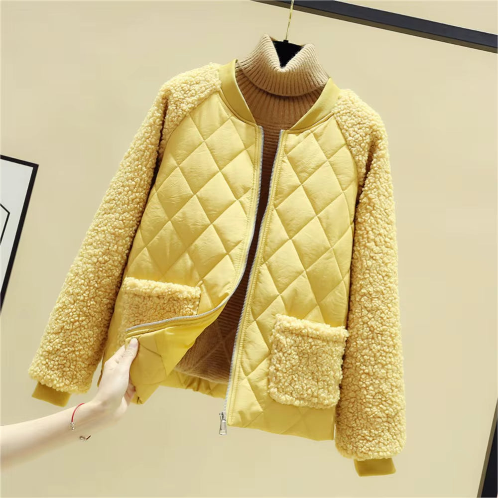 Beige teddy bomber jacket diamond-quilted body plush sherpa sleeves cozy cold-weather style