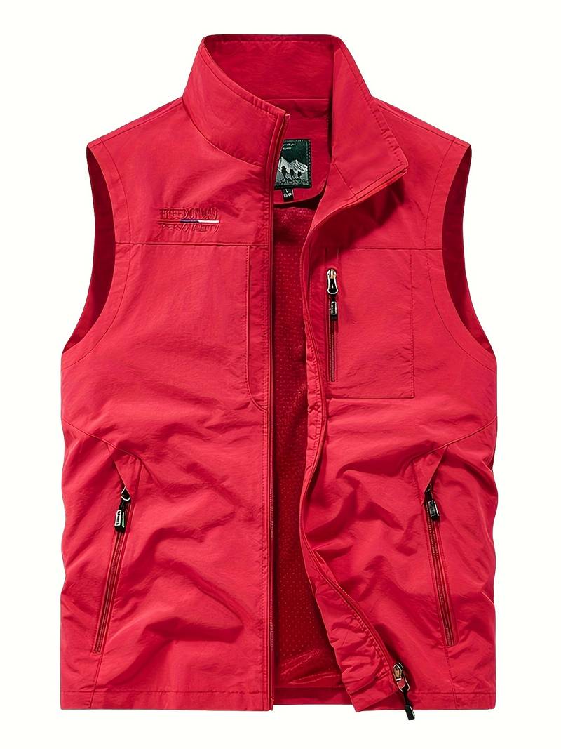 Men's olive cargo vest with zippered pockets, durable outdoor layering piece for active wear