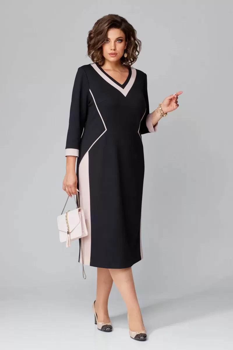Black midi dress with subtle contrast trim, tailored professional silhouette for elegant workwear