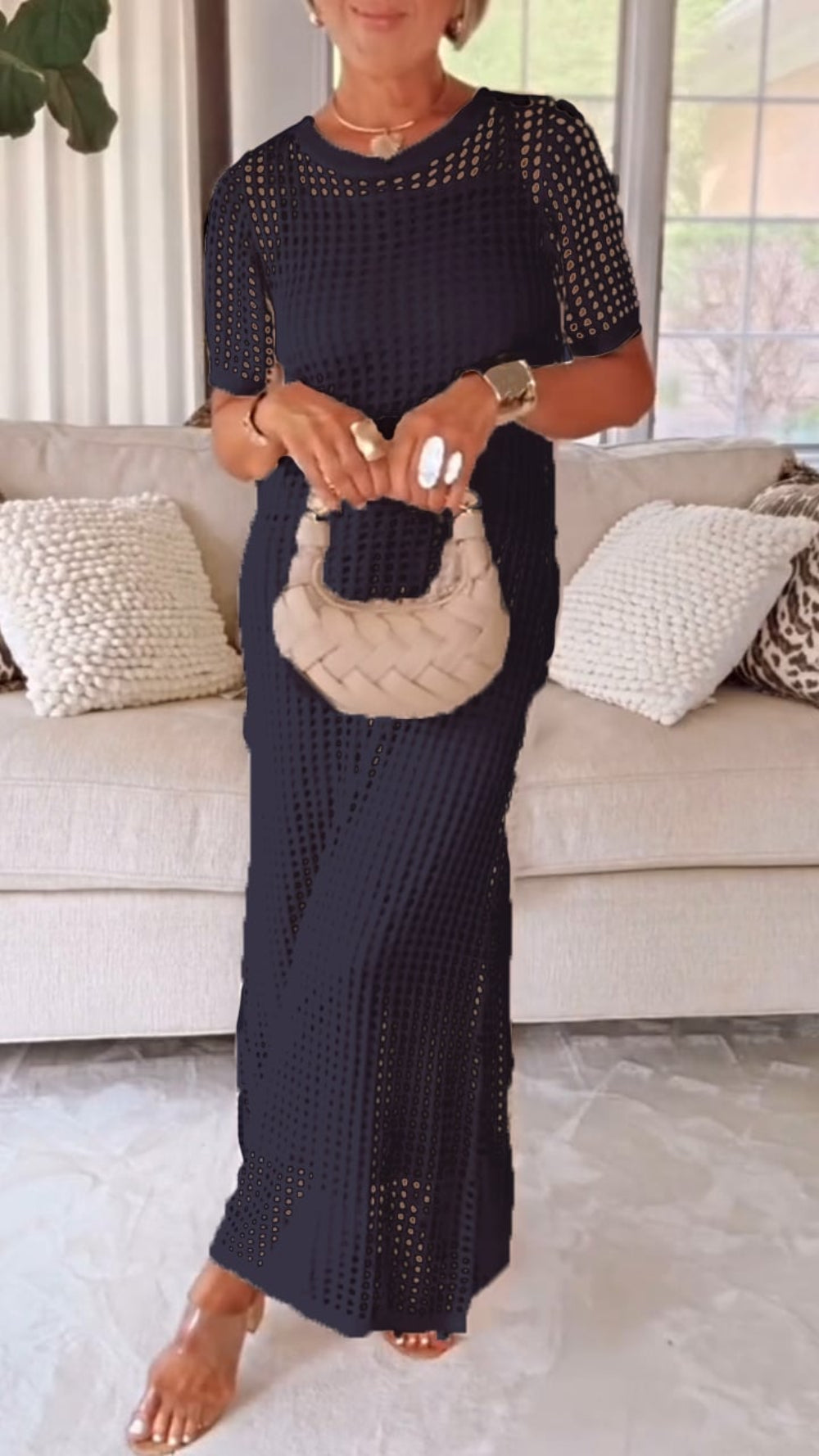 Women's two-piece polyester dress set boat neck hollow cutout detail breathable airy elegant comfort fit