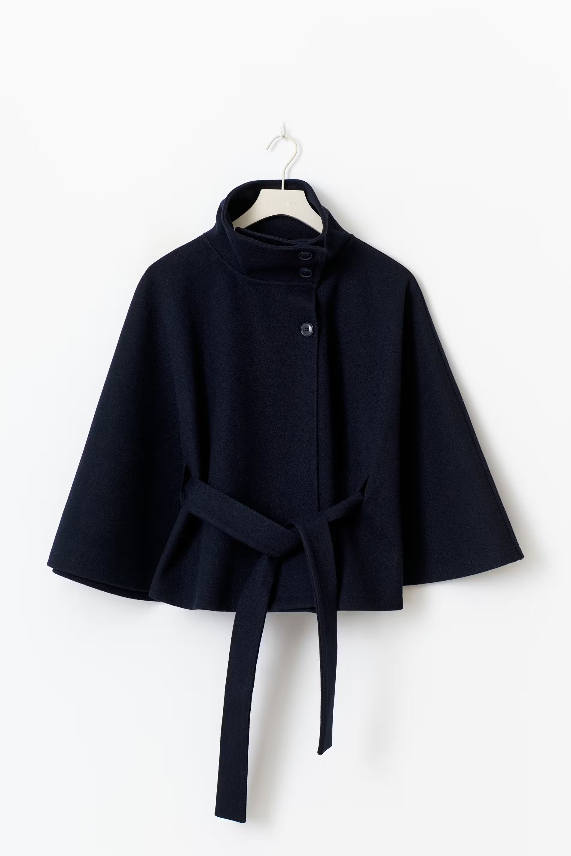 Women's belted winter cape coat with high collar, cozy lightweight warmth, modern flowing silhouette