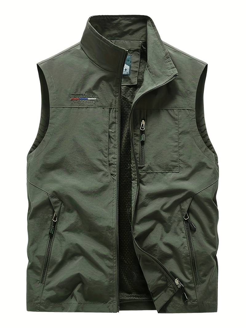 Men's olive cargo vest with zippered pockets, durable outdoor layering piece for active lifestyle