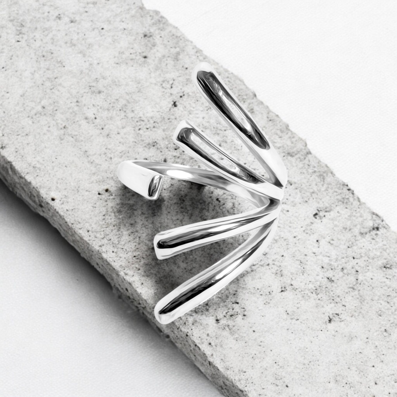 Stainless steel open fan arc ring high polish finish sculptural asymmetrical modern statement jewelry