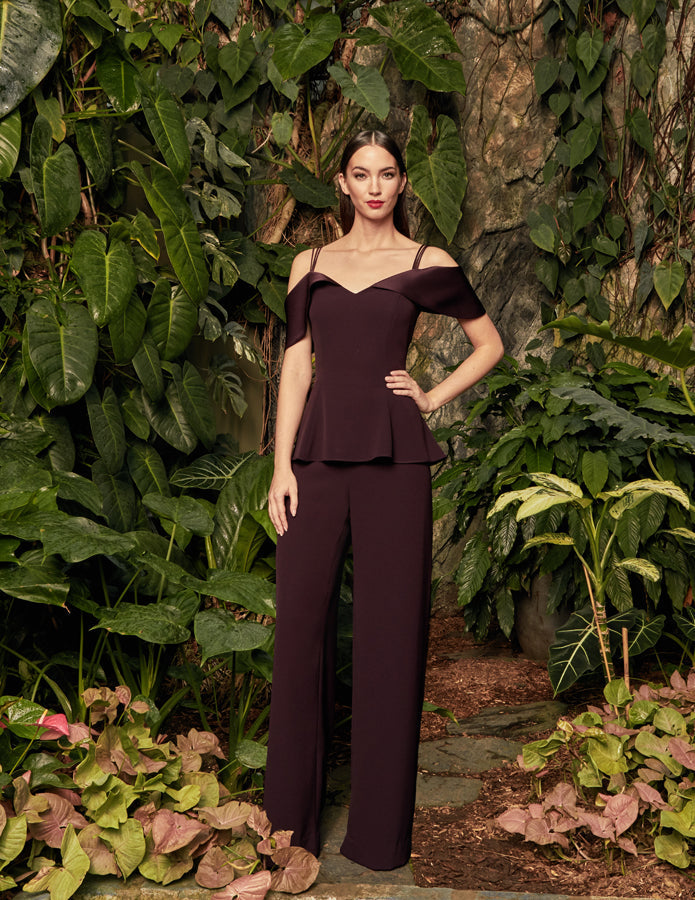 Women's formal two-piece peplum pant suit in crepe with cold shoulder top and wide-leg pants