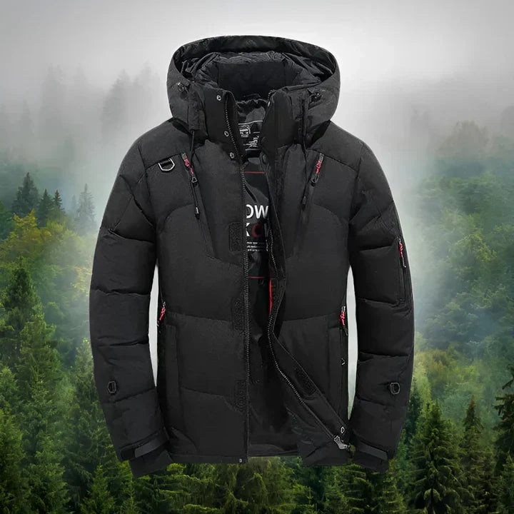Men's black Arctic Shield down parka removable hood rugged cold weather insulated winter jacket