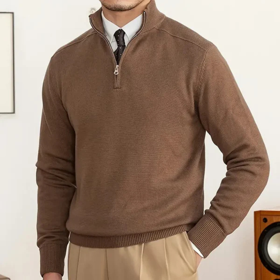 Men's regular fit half-zip cotton sweater in smart casual style with ribbed hem detail