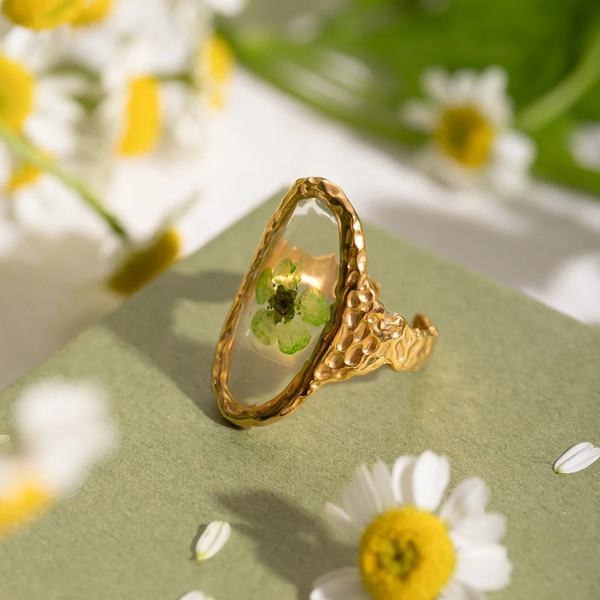 Handcrafted pressed flower resin ring gold-tone bezel adjustable band real botanicals nature-inspired