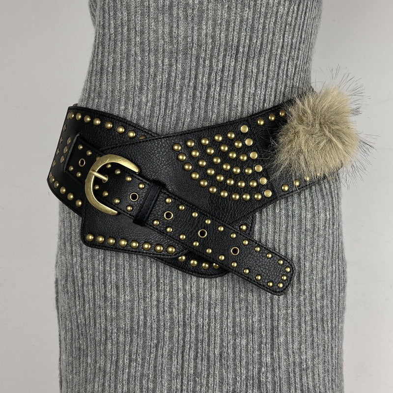 Women's vintage faux fur belt wide leather waistband pom pom accent retro boho fashion accessory