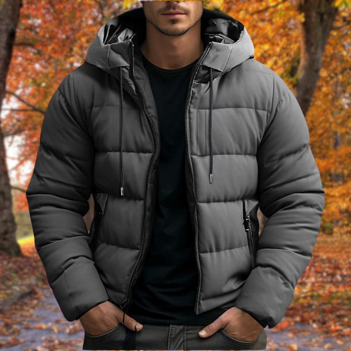Men's black quilted puffer jacket structured fit hooded full-zip lightweight cold weather
