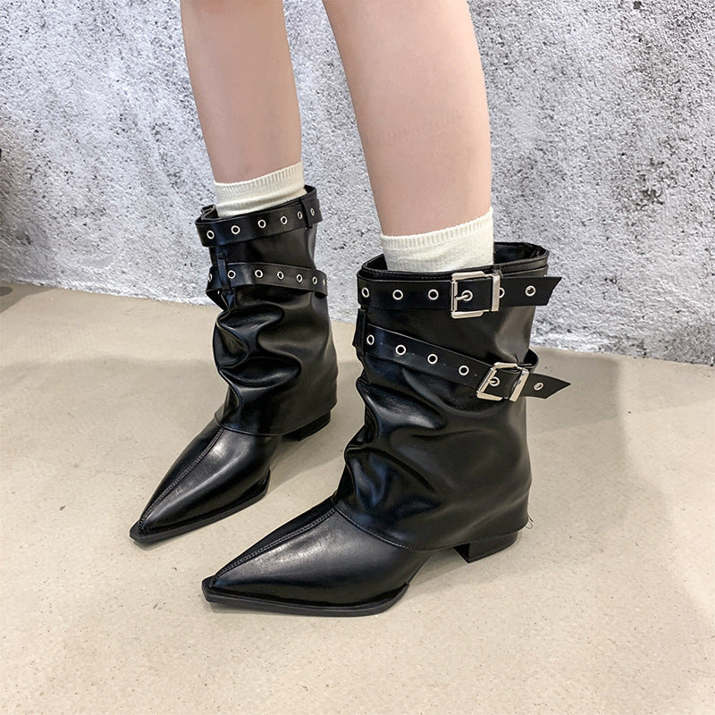 Women's pointed toe chunky heel Martin boots retro style waterproof platform ankle boots