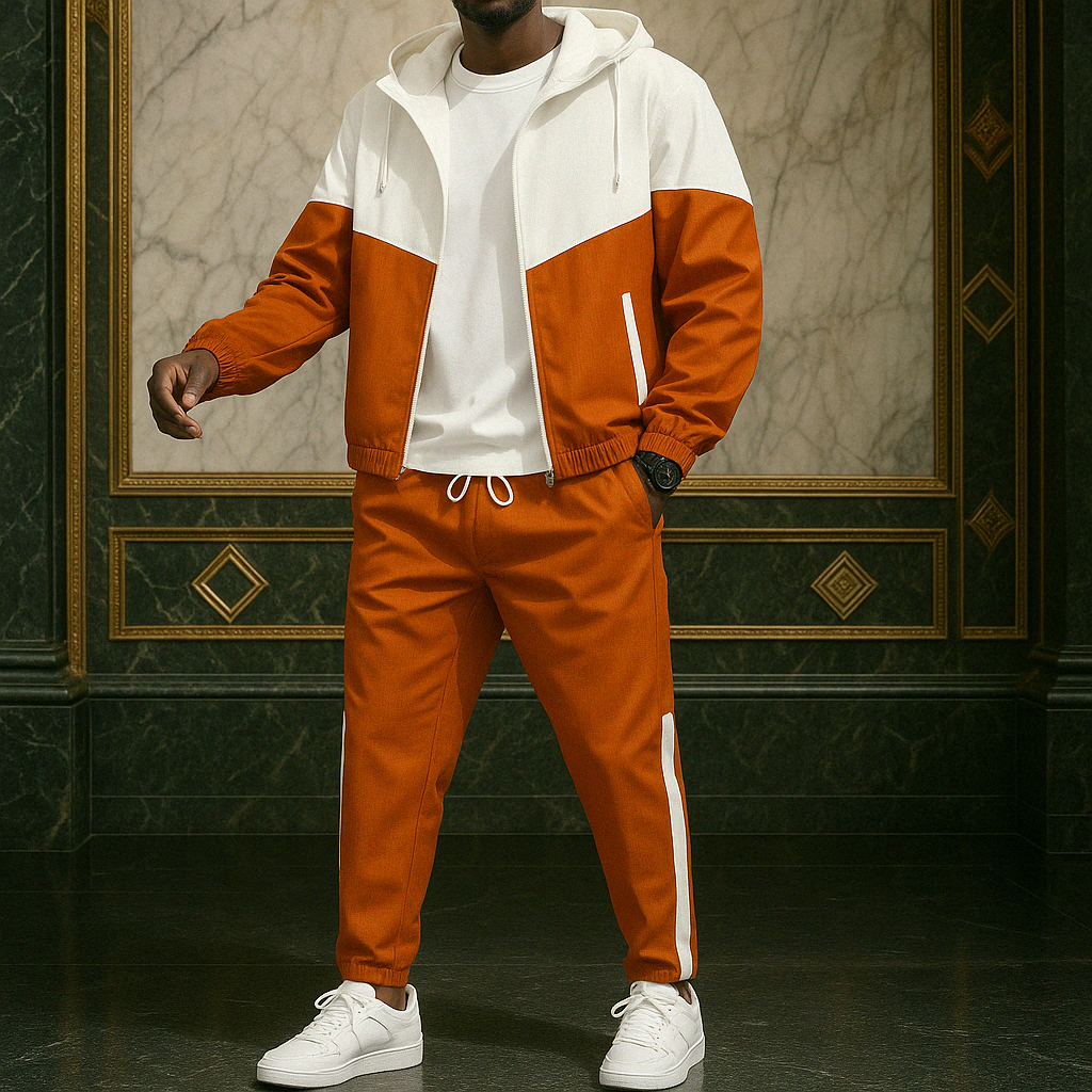 Men's dual-tone color-block tracksuit bold high-contrast panels soft-stretch athletic streetwear fit