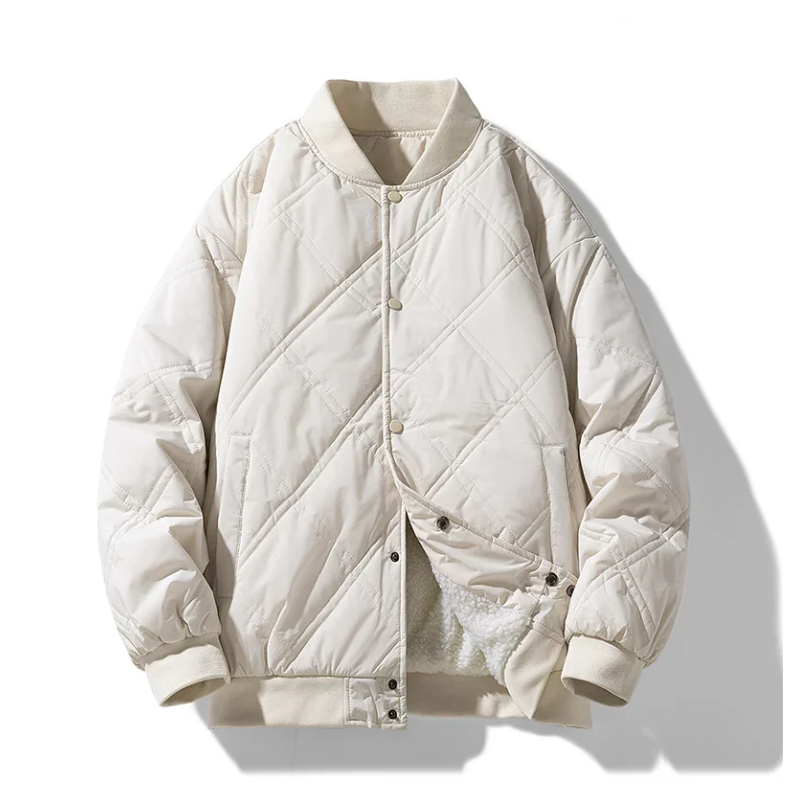 Black quilted bomber jacket with plush fleece lining, structured silhouette for cold-weather streetwear
