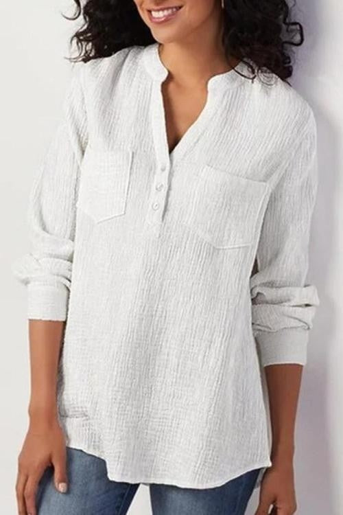 Women's relaxed-fit soft textured blouse long sleeves chest pockets everyday chic style
