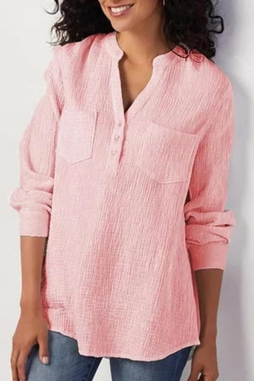 Women's relaxed fit blouse soft textured long sleeves chest pockets everyday chic style