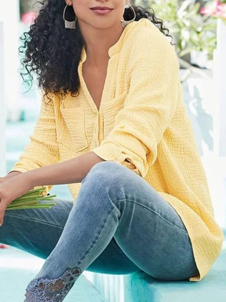 Women's relaxed-fit textured blouse long sleeves chest pockets everyday chic soft fabric