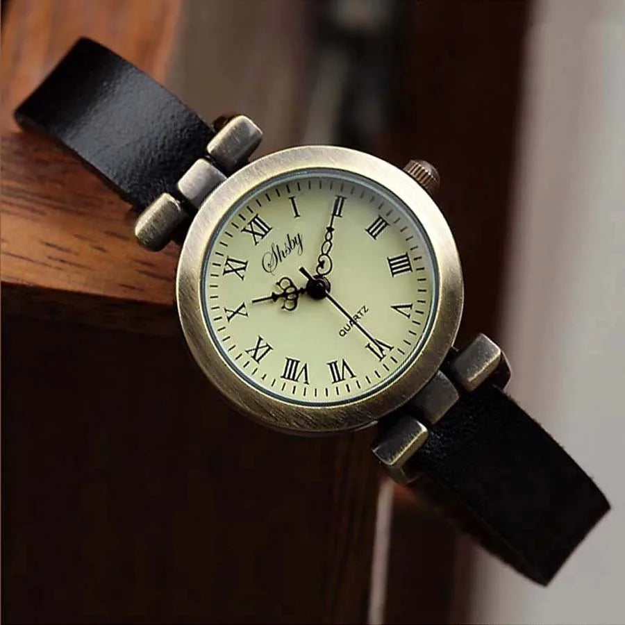 Evelyn vintage quartz watch stainless steel case brown leather strap retro Roman numeral dial
