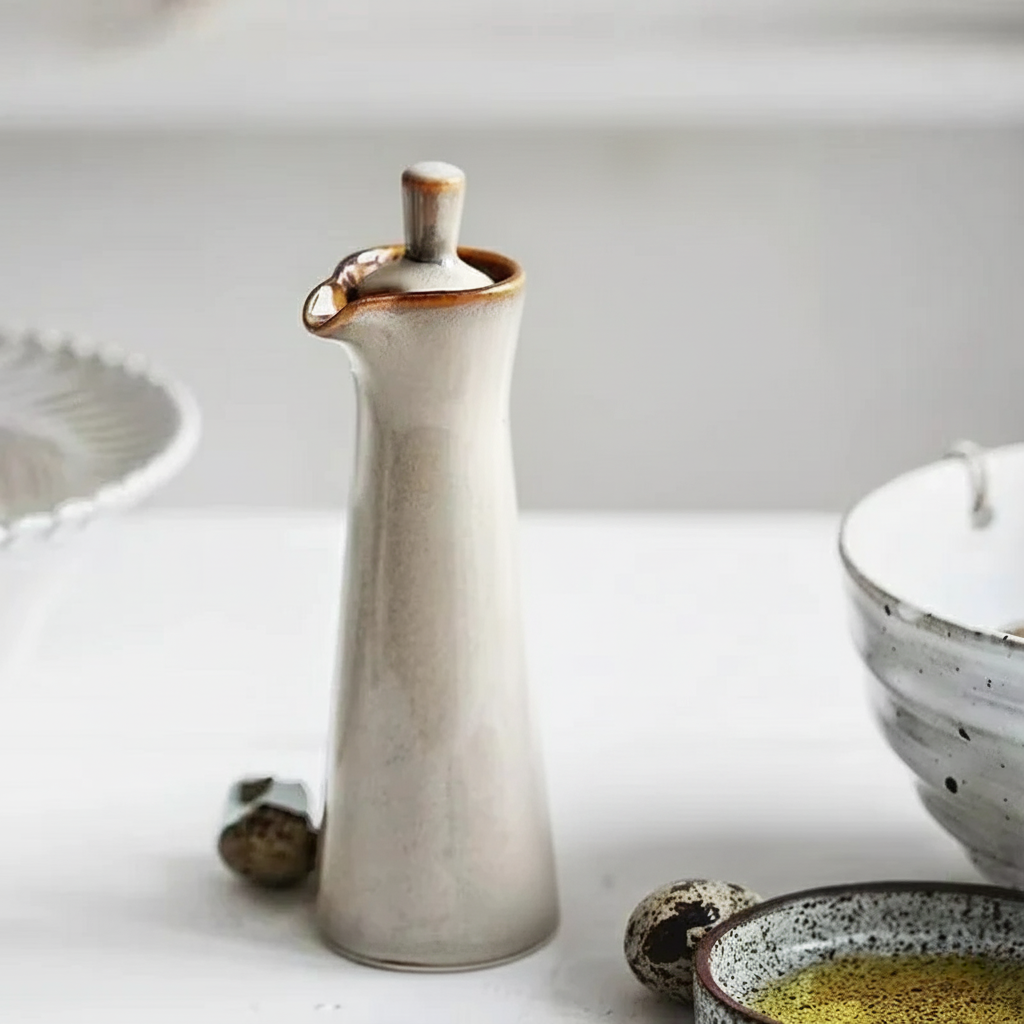 Glossy white ceramic oil dispenser with sleek modern design and drip-free spout for home kitchens