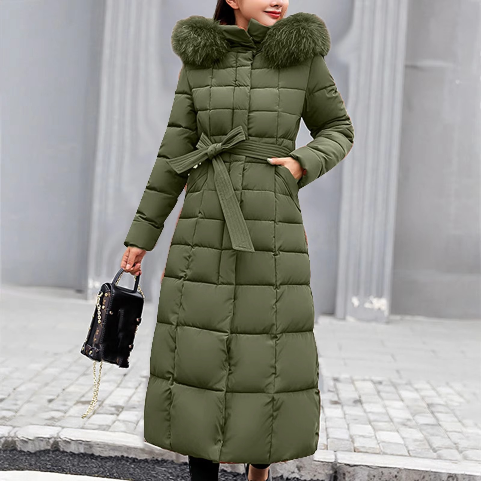 Women's long hooded down jacket elegant silhouette faux fur-lined hood lightweight winter warmth