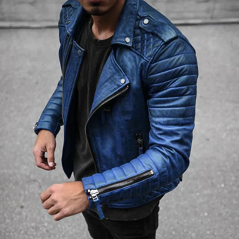 Black men's biker jacket structured silhouette metallic hardware sustainable urban style fitted cut