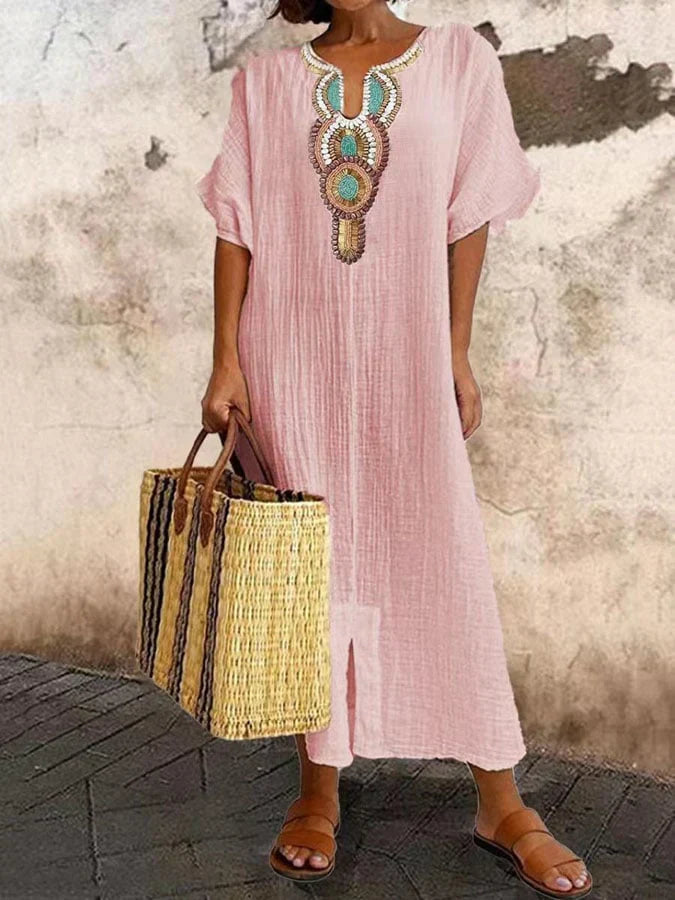 Women's boho chic kaftan dress with ethnic embroidery, flowing silhouette in relaxed everyday style
