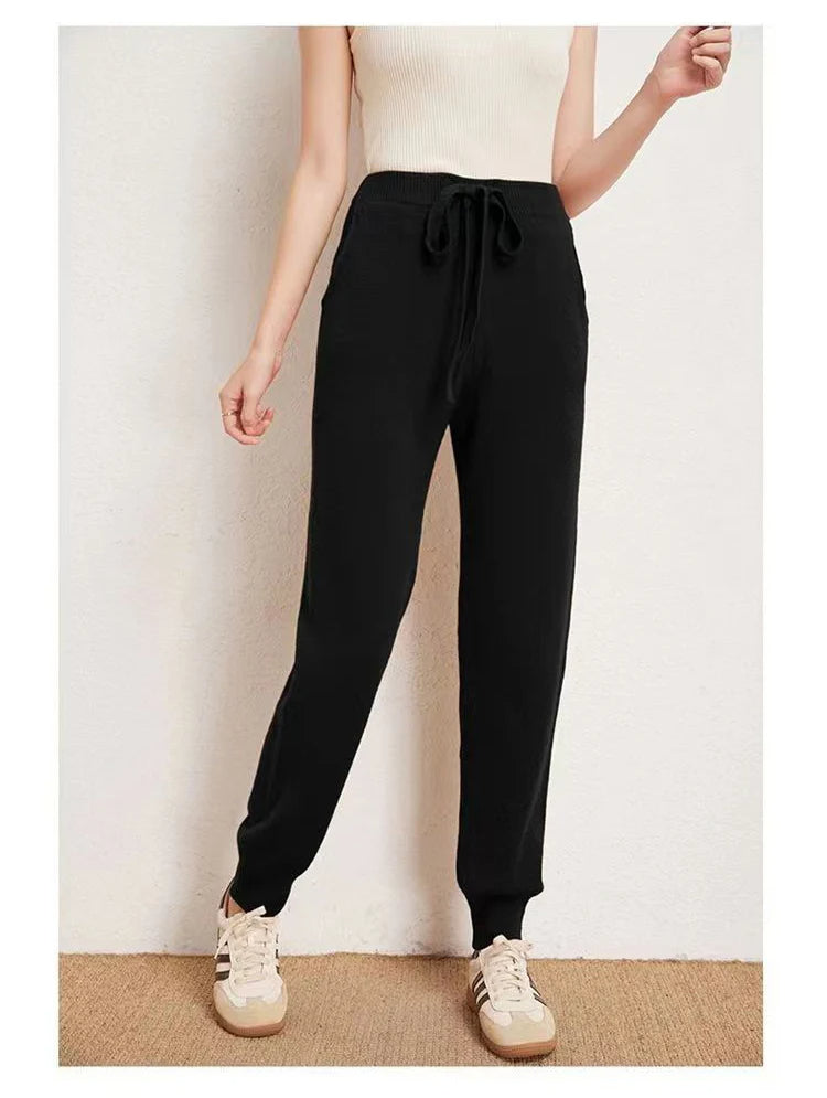 Charcoal cashmere knit jogger with adjustable drawstring, lightweight wool blend lounge pants