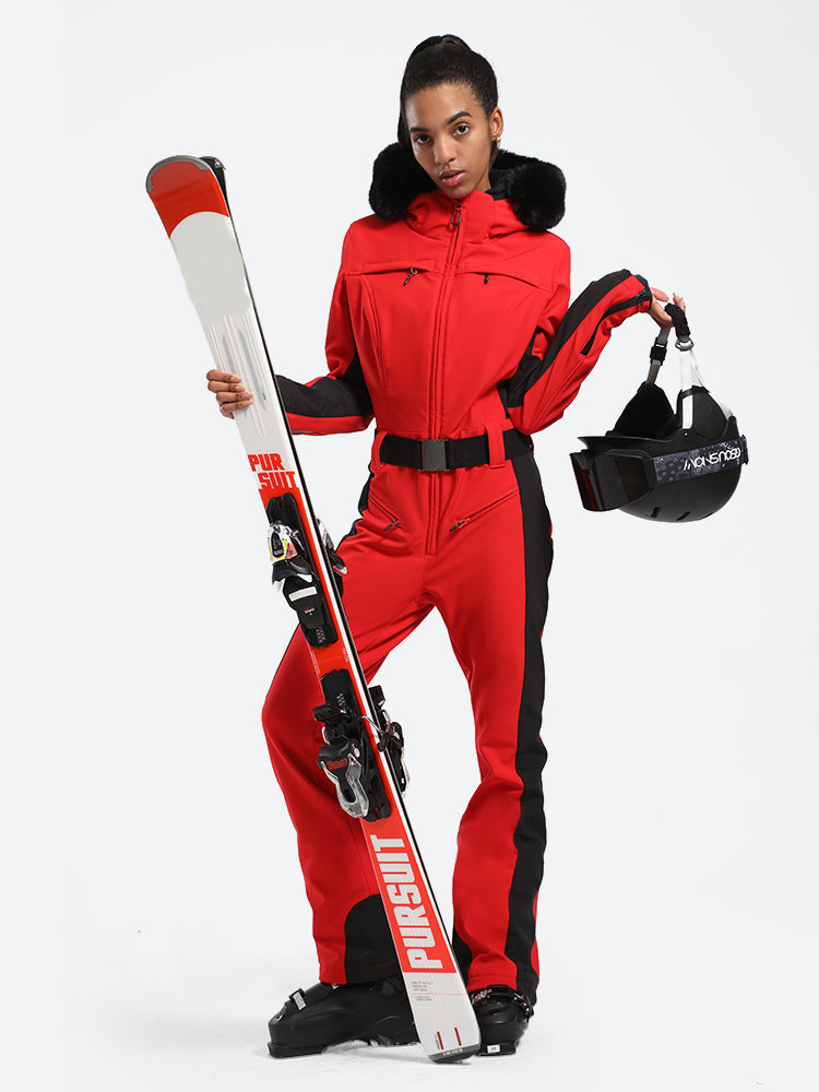 Women's one-piece ski suit faux fur trim slim fit removable hood 15K waterproof white snow