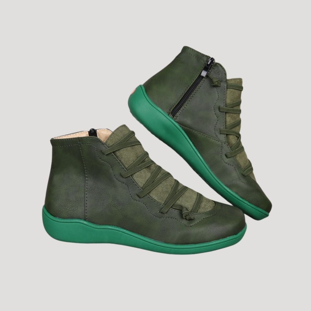 Women's casual ankle strap boots in neutral spring tones with secure buckle strap detail