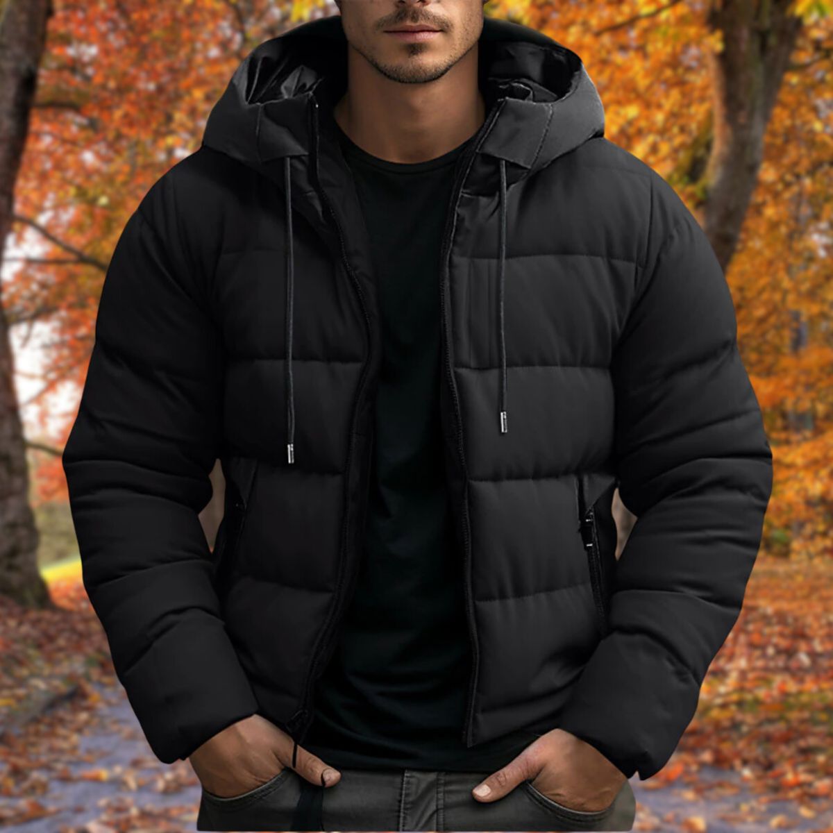 Men's black hooded quilted puffer jacket structured fit lightweight full-zip cold weather layer